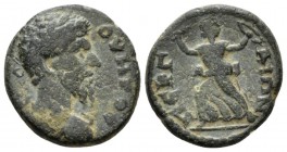 Pamphilia, Perga Lucius Verus, 161-169 Bronze circa 161-169, Æ 16.5mm., 3.66g. Laureate head r. Rev. Artemis advancing l., drawing arrow from quiver a...
