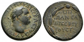 Cappadocia, Caesarea Titus, 79-81 Bronze circa 77-78 (year 10), Æ 22mm., 6.88g. Laureate head r. Rev. ЄΠI/ΠANCA/ΠPЄCBЄY/TOY/ЄT I in five lines within ...
