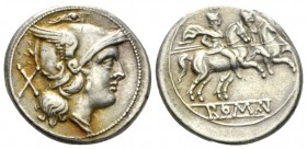 Denarius circa 209-208, AR 19mm., 4.46g. Helmeted head of Roma r.; behind, X. Rev. The Dioscuri galloping r.; below, ROMA in linear frame. Sydenham –....