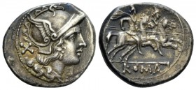 Denarius after 211, AR 20mm., 4.30g. Helmeted head of Roma r.; behind, X. Rev. The Dioscuri galloping r.; below, ROMA in linear frame. Sydenham 311. R...