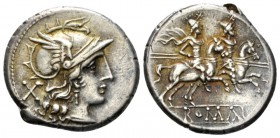 Denarius after 211, AR 20.5mm., 4.29g. Helmeted head of Roma r.; behind, X. Rev. The Dioscuri galloping r.; below, ROMA in linear frame. Sydenham 311....