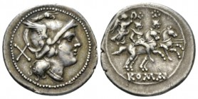 Denarius Central Italy circa 211-208, AR 20.5mm., 4.48g. Helmeted head of Roma r.; behind, X. Rev. The Dioscuri galloping r.; behind, Victory with wre...