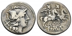 Star (first) series Denarius circa 206-195, AR 19mm., 3.38g. Helmeted head of Roma r.; behind, X. Rev. The Dioscuri galloping r.; below, eight-rayed s...