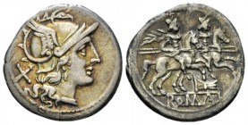 Denarius circa 206-195, AR 19.5mm., 3.14g. Helmeted head of Roma r.; behind, X. Rev. The Dioscuri galloping r.; below, rostrum tridens and ROMA in par...