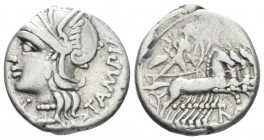 M. Baebius Q.f. Tampilus. Denarius circa 137, AR 18mm., 3.80g. Helmeted head of Roma l., wearing necklace of beads; below chin, X. Behind, TAMPIL. Rev...