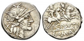 C. Plautius Denarius circa 121, AR 18.5mm., 3.91g. Helmeted head of Roma r.; behind, X. Rev. The Dioscuri galloping r.; below, C·PLVTI and ROMA in par...