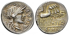 Q. Curtius and M. Silanus. Denarius 116 or 115, AR 19.5mm., 3.94g. Q·CVRT Helmeted head of Roma r.; behind, X. Rev. Jupiter in prancing quadriga r., h...