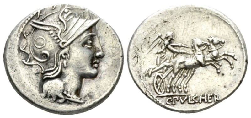 C. Claudius Pulcher. Denarius 110 or 109, AR 19mm., 4.02g. Helmeted head of Roma...