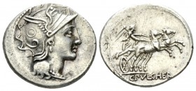 C. Claudius Pulcher. Denarius 110 or 109, AR 19mm., 4.02g. Helmeted head of Roma r., bowl decorated with annulet. Rev. Victory in biga r.; in exergue,...
