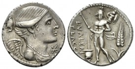 L. Valerius Flaccus. Denarius 108 or 107,, AR 19.5mm., 3.87g. Draped bust of Victory r.; below chin, *. Rev. L•VALERI / FLACCI Mars walking l., holdin...