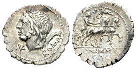 L. Memmius Galeria Denarius serratus 106, AR 20mm., 3.78g. Laureate head of Saturn l.; behind, harpa and ROMA. Below chin, ·K. Rev. Venus in biga r., ...