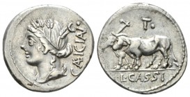 L. Cassius Caecianus. Denarius 102, AR 18.5mm., 4.00g. Draped bust of Ceres l., wearing barley-wreath; behind, CAEICIAN. In upper r. field on top of l...