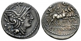 L. Sentius C.f. Denarius 101, AR 17.5mm., 4.00g. Helmeted head of Roma r.; behind, control mark. Rev. Triumphator in quadriga r., holding laurel branc...