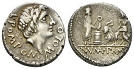 L. Pomponius Molo. Denarius 97 (?), AR 17.5mm., 3.88g. L·POMPON·MOLO Laureate head of Apollo r. Rev. Numa Pompilius, holding lituus behind lighted alt...