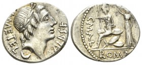 C. Publicius Malleolus, A. Postumius Sp. f. Albinus and L. Metellus Denarius 96 (?), AR 20mm., 3.98g. L·METEL – A·ALB S F Laureate head of Apollo r.; ...