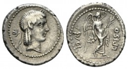 L. Calpurnius Piso Frugi Quinarius circa 90, AR 15mm., 2.11g. Laureate head of Apollo r.; behind, control mark. Rev. Victory standing r., holding palm...