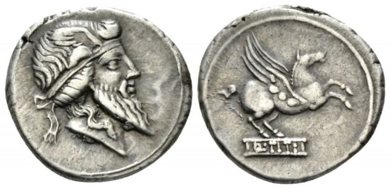 Denarius 90, AR 19mm., 3.81g. Head of Mutinus Titinus r., wearing winged diadem....