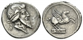 Denarius 90, AR 19mm., 3.81g. Head of Mutinus Titinus r., wearing winged diadem. Rev. Pegasus prancing r.; below, Q·TITI in linear frame. Babelon Titi...