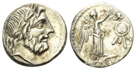Cn. Cornelius Lentulus Clodianus. Quinarius 88, AR 14mm., 1.79g. Laureate head of Jupiter r. Rev. Victory r. crowning trophy; in exergue, CN LENT. Bab...