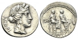 M. Fannius. L. Critonius Aed Pl Denarius 86, AR 18.5mm., 3.78g. AED·PL Draped bust of Ceres r. Rev. Two male figures seated on bench side by side; in ...