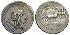 L. Iulius Bursio. Denarius circa 85, AR 20.5mm., 3.56g. Male head r., with the attributes of Apollo, Mercury and Neptune; behind, torch Rev. Victory i...