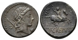 P. Crepusius. Denarius 82, AR 17.5mm., 4.00g. Laureate head of Apollo r., sceptre on far shoulder; below chin, ear, behind, O. Rev. Horseman r., brand...