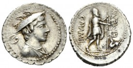 C. Mamilius Limetanus. Denarius serratus 82, AR 20.5mm., 3.90g. Draped bust of Mercury r., wearing winged petasus; caduceus over l. shoulder; behind, ...