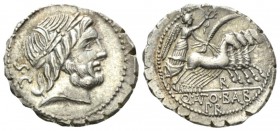 Q. Antonius Balbus. Denarius serratus 83-82, AR 20mm., 3.83g. Laureate head of Jupiter r.; behind, S·C. Rev. Victory in quadriga r., holding reins and...