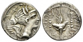 C. Valerius Flaccus. Denarius 82, AR 18.5mm., 3.76g. Draped bust of Victory r.; behind, control mark. Rev. C·VAL·FLA – IMPERAT Legionary eagle between...