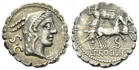 L. Procilius. Denarius serratus 80, AR 18mm., 3.74g. Head of Juno Sospita r.; behind, S·C. Rev. Juno Sospita in prancing biga r., holding shield and h...