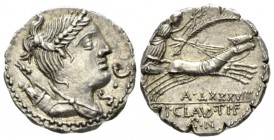T. Claudius Nero. Denarius serratus 79, AR 18.5mm., 3.84g. Draped bust of Diana r., with bow and quiver over shoulder; before chin, S.C. Rev. Victory ...