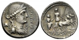 L. Farsuleius Mensor. ` Denarius 75, AR 18.5mm., 3.88g. MENSOR Diademed and draped bust of Libertas r.; behind, ⊥X / pileus. Below chin, S·C. Rev. War...
