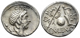 Cn. Cornelius Lentulus. Denarius Spain (?) 76-75, AR 19.5mm., 3.91g. Draped bust of the Genius Populi Romani r., hair tied with band and sceptre over ...
