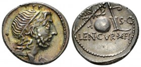Cn. Cornelius Lentulus Denarius Spain (?) 76-75, AR 19.5mm., 4.00g. Draped bust of the Genius Populi Romani r., hair tied with band and sceptre over s...