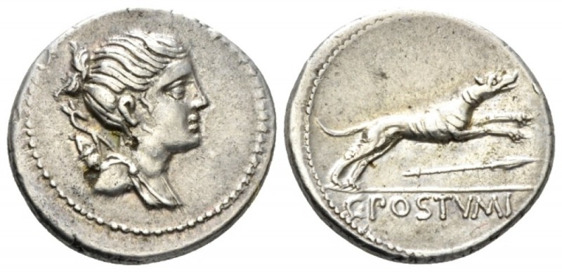 C. Postumius At or Ta Denarius 74, AR 19mm., 3.88g. Draped bust of Diana r., bow...