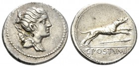 C. Postumius At or Ta Denarius 74, AR 19mm., 3.88g. Draped bust of Diana r., bow and quiver over shoulder. Rev. Hound running r; below, spear and in e...
