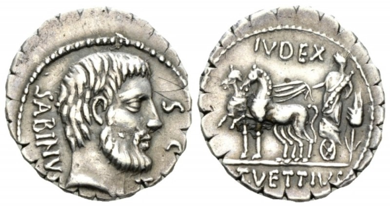 T. Vettius Sabinus. Denarius serratus 70, AR 19mm., 3.91g. Bearded head of King ...