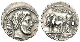 T. Vettius Sabinus. Denarius serratus 70, AR 19mm., 3.91g. Bearded head of King Tatius r.; below chin, TA ligate and behind, SABINVS. In r. field, S·C...