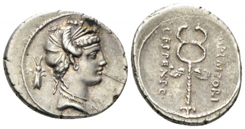 M. Plaetorius M.f. Cestianus. Denarius 69, AR 20.5mm., 4.01g. Female bust r., dr...