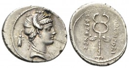 M. Plaetorius M.f. Cestianus. Denarius 69, AR 20.5mm., 4.01g. Female bust r., draped and decorated with poppy heads; behind, control symbol. Rev. Wing...