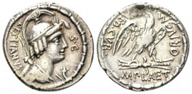 M. Plaetorius M.f. Caestianus. Denarius 67, AR 19mm., 4.00g. Bust r. with the attributes of Isis, Minerva, Apollo, Diana and Victory; before, cornucop...