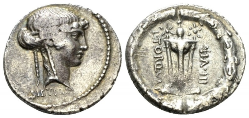 L. Manlius Torquatus. Denarius circa 65, AR 19mm., 3.75g. Ivy-wreathed head of S...