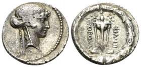 L. Manlius Torquatus. Denarius circa 65, AR 19mm., 3.75g. Ivy-wreathed head of Sybil r.; below neck truncation, SIBYLLA. Rev. L·TORQVAT / III·VIR Trip...