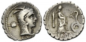 L. Roscius Fabatus. Denarius serratus 64, AR 18mm., 3.75g. Head of Juno Sospita r.; behind, unidentified symbol and below neck truncation, L ROSCI. Re...
