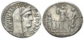L. Aemilius Lepidus Paullus. Denarius 62, AR 19.5mm., 3.82g. 62, AR 3.96 g. PAVLLVS LEPIDVS CONCORDIA Veiled and diademed head of Concordia r. Rev. Tr...