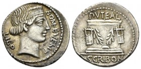 L. Scribonius Libo. Denarius 62, AR 19.5mm., 3.88g. Head of Bonus Eventus r.; before, BON EVENT; behind, LIBO. Rev. Puteal Scribonianum in Roman Forum...