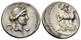 M. Aemilius Lepidus. Denarius 61, AR 18.5mm., 3.88g. Laureate and diademed female head r.; behind, wreath and below chin, simpulum. Rev. Horseman r., ...