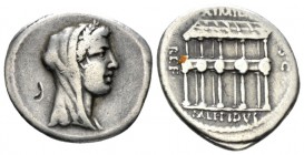 M. Aemilius Lepidus. Denarius 61, AR 18.5mm., 3.65g. Laureate and veiled female bust r. Rev. AIMILIA / REF – S·C View of the Basilica Aemilia; in exer...