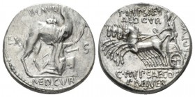 M. Aemilius Scaurus, P. Plautius Hypsaeus. Denarius 58, AR 17.5mm., 4.03g. M·SCAVR Kneeling figure r., holding olive branch and reins of camel standin...