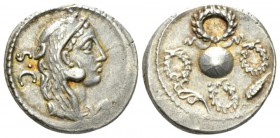 Faustus Cornelius Sulla. Denarius circa 56, AR 18.5mm., 4.19g. Head of Hercules r., wearing lion's skin; behind, S·C. Rev. Globe surrounded by four wr...